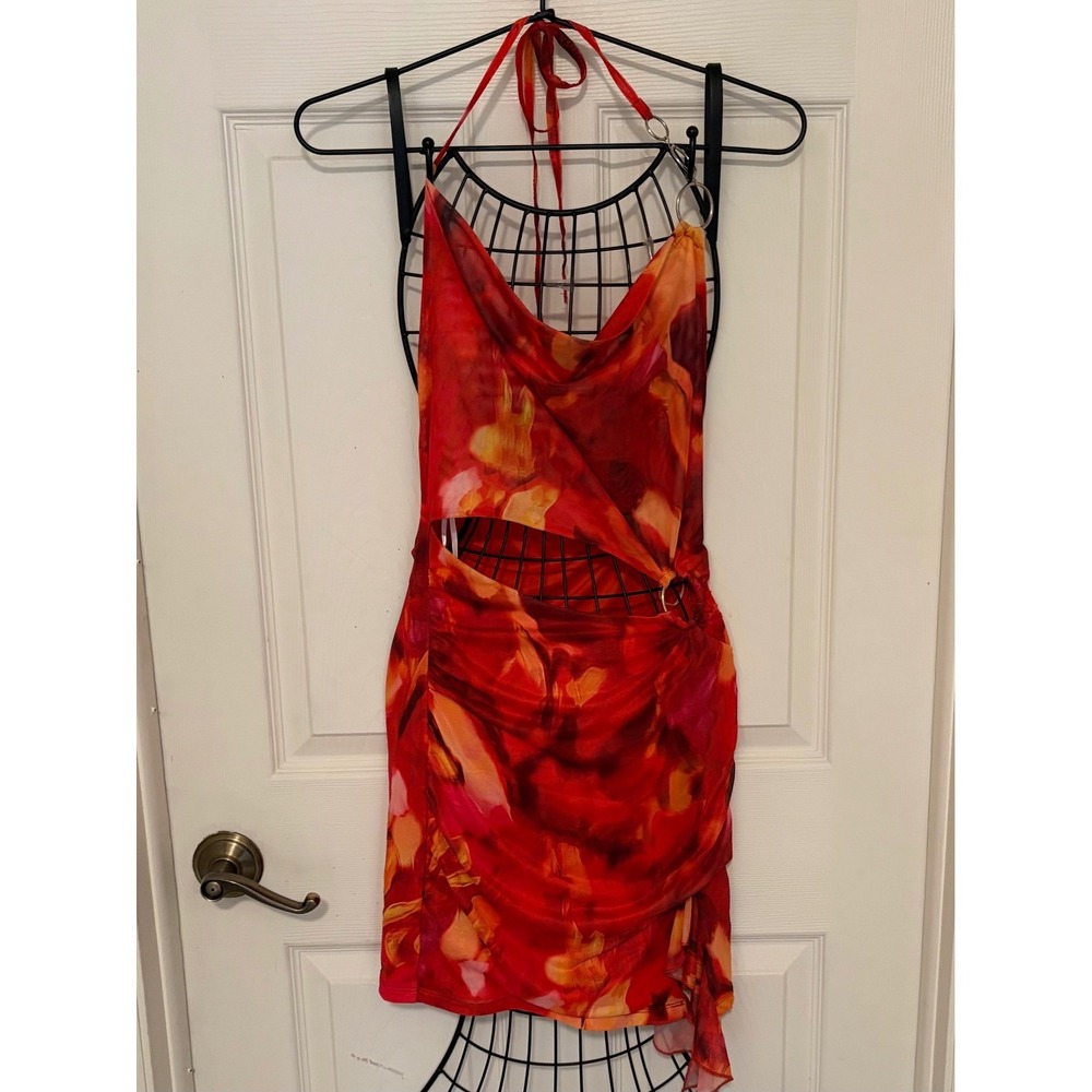 SHEIN Women's S Red Orange Abstract Cutout Ring Halter Mini Dress